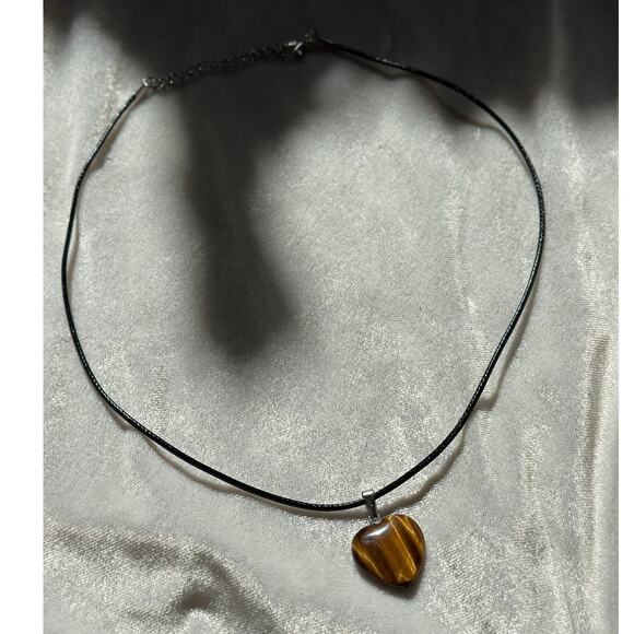 Artisan Craft Jewelry - Gorgeous Tigers Eye Bubble Heart Pendant on Leather Chain Necklace